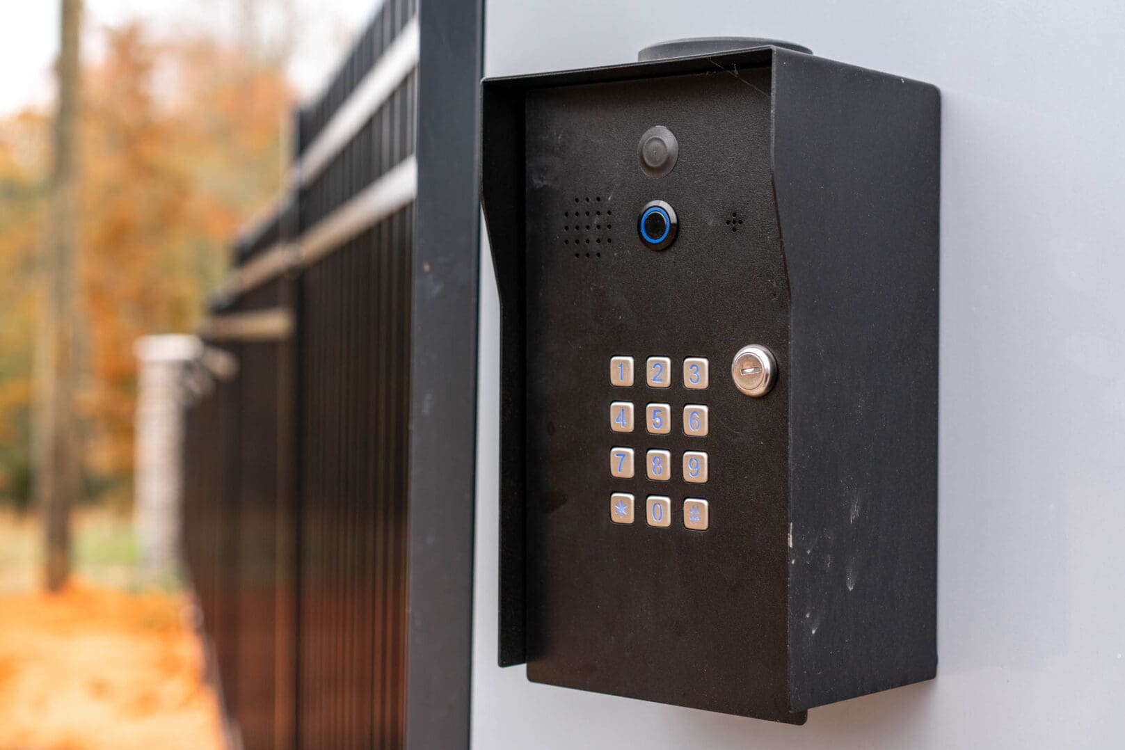 Security keypad on a fence gate.